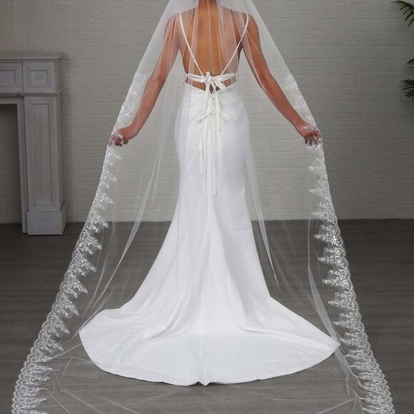 Lace Wedding Veil Tulle 118-Inch Long Cathedral Bridal Veels for Brides - Picture 5 of 7